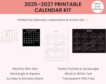 2025-2027 Mini Calendar PNG Bundle: Planner Stickers (Sunday & Monday Start) (Digital Download)