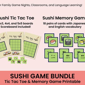 Paquete de juegos de sushi / Tres en raya de sushi y juego de memoria imprimible para niños y familias / Noche de juegos divertida / Juego de fiesta de sushi