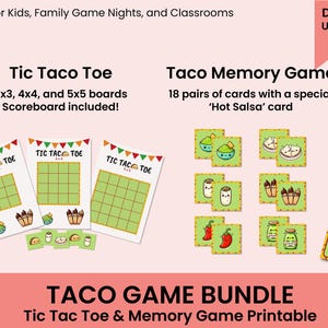 Paquete de juegos de tacos: duplica la diversión con dos juegos con temática de tacos / Tres en raya y juego de memoria de tacos