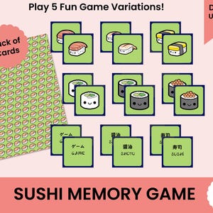 Jogo da Memória Sushi | Cartões imprimíveis para crianças, famílias e estudantes de idiomas | Noite de jogos divertida para a família | 5 variações divertidas de jogos