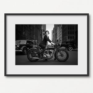 Vintage Motorcycle Wall Art, Woman on Classic Bike Photo, Black and White Urban Decor, Retro Biker Wall Print, Gothic 1930&#39;s Fashion Style