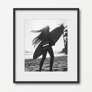 Surfer Girl Silhouette Print: Black and White Beach Photography (Digital Download)