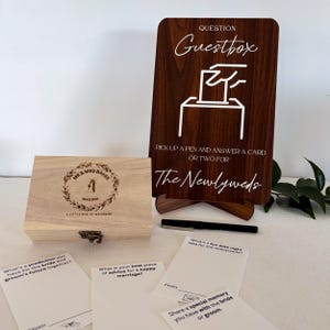 Rustic Wedding Guest Box Set – Dark Wood Sign with Stand, Personalised Advice Card Box & Cards