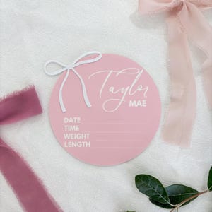 Personalised Baby Announcement Sign Pink with Bow - Birth Plaque - Photo Decor Prop