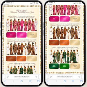 以下が含まれることがあります： フクシア、バーントオレンジ、エメラルドグリーンの衣装にシャンパンゴールドのアクセントを加えた人々のイラストが描かれた、結婚式用のデジタルカラーガイド。テキストには家族やゲスト向けのヘッダーとカラー見本が含まれています。