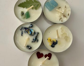 Velas de té botánicas de cristal — Juego de 5 velas de cera de soja con intención
