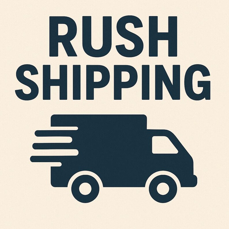K&ouml;nnte beinhalten: Dunkelblauer Text "RUSH SHIPPING" &uuml;ber einer dunkelblauen Lieferwagen-Grafik mit Geschwindigkeitslinien, vor cremefarbenem Hintergrund. Der LKW hat zwei R&auml;der und eine rechteckige Ladefl&auml;che.