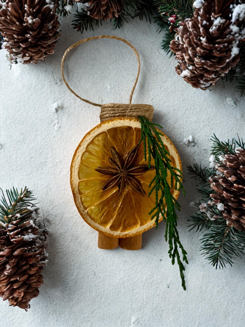 K&ouml;nnte beinhalten: Handgefertigter Weihnachtsschmuck mit einer getrockneten Orangenscheibe, Sternanis und einem Zweig Gr&uuml;n. Der Schmuck ist mit Zimtstangen und Bindfaden verziert, umgeben von Tannenzapfen und Tannenzweigen, was ein festliches Thema ergibt.