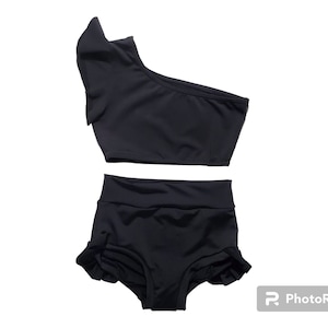Single flutter shoulder black top and black brief set great for dance/ cheer/ gymnastics / conventions/ exercise / athletic wear/ tumbling
