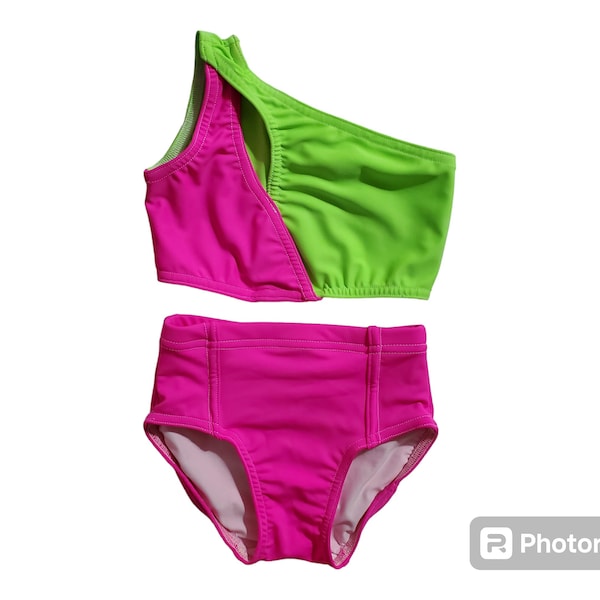 Neon pink & green Twist Top w/ Pink felled briefs . Great for Dance practice, Gymnastics, Convention, Cheerleading*Stretchy and comfortable!