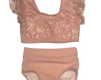 Pink lace crop top and briefs with flutter sleeves.  Dance/ gymnastics/ cheer/ tumbling/ dress up/ athletic/ soft