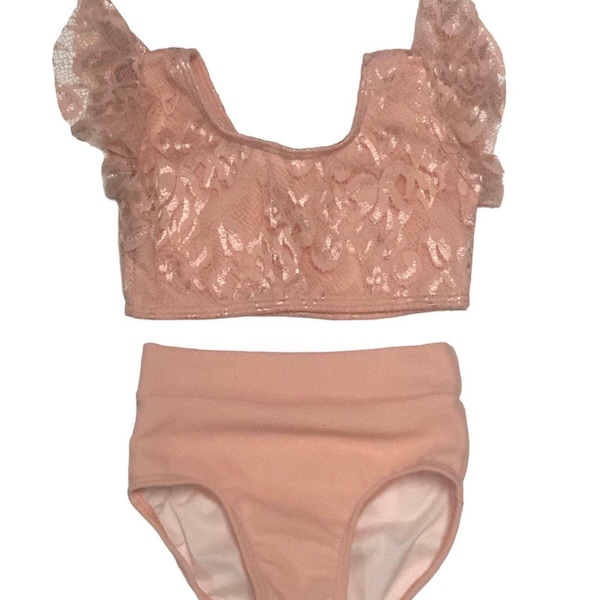 Pink lace crop top and briefs with flutter sleeves.  Dance/ gymnastics/ cheer/ tumbling/ dress up/ athletic/ soft