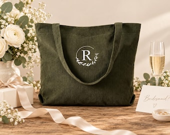 Personalized Corduroy Tote Bag, Bridesmaid Tote, Monogrammed Bag, Initial Tote Bag, Custom Embroidered Name, Bridal Party Gift