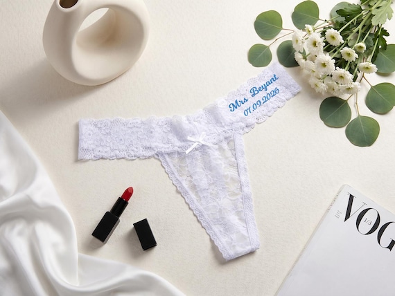 Personalized Bridal Thong, Premium Lace Wedding Underwear, Custom Name Embroidery, Something Blue Lingerie, Honeymoon Bride Gift