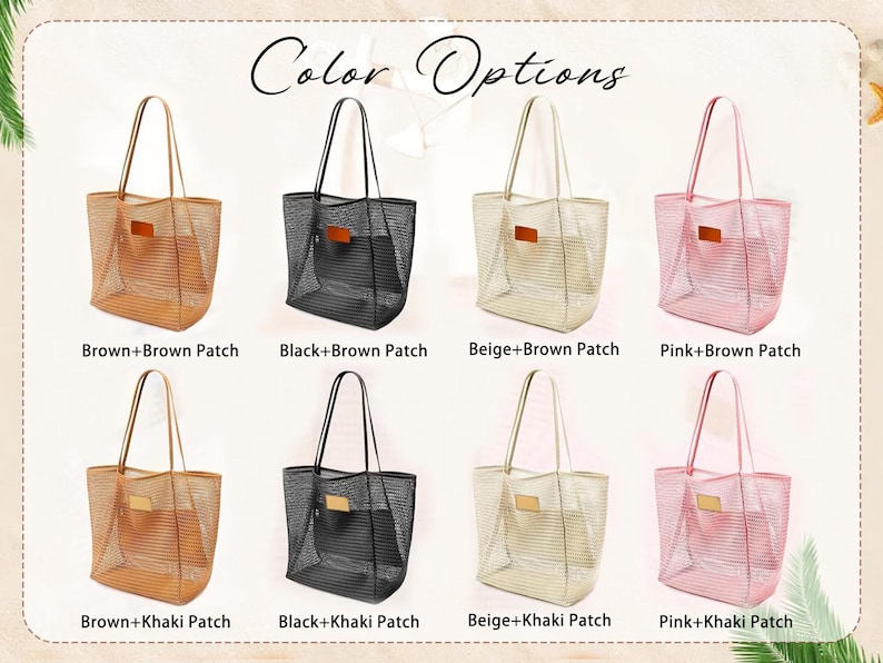 Pode incluir: Oito sacolas tote de malha em v&aacute;rias cores: marrom, preto, bege e rosa. Cada sacola tem um patch correspondente ou c&aacute;qui. O texto "Color Options" est&aacute; no topo da imagem, com as combina&ccedil;&otilde;es de cores listadas abaixo.