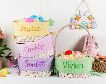 Forro de cesta de Páscoa personalizado em tecido seersucker, com monograma de nome personalizado.