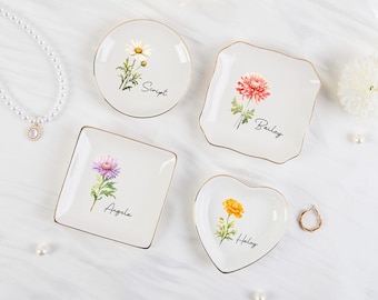 Personalized Birth Flower Ring Dish, Custom Name Jewelry Tray, Bridesmaid Wedding Keepsake