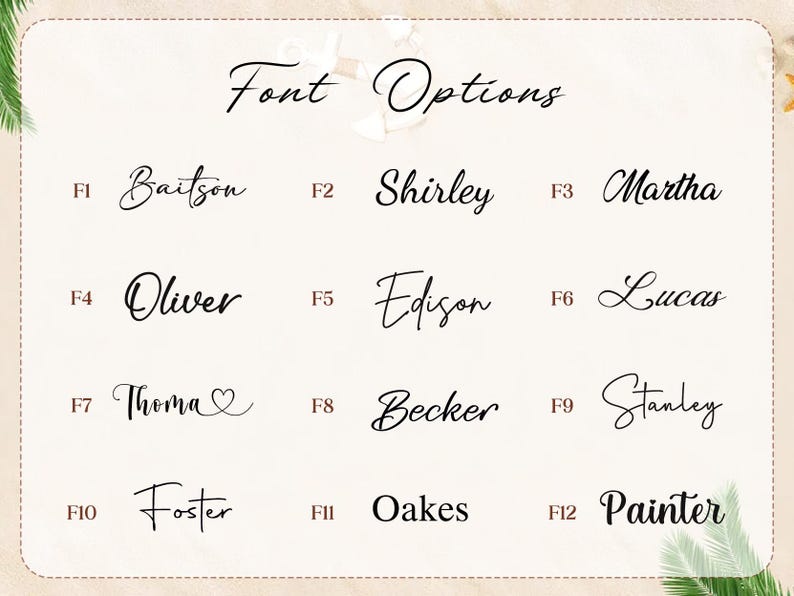 Pode incluir: Um fundo bege exibe uma sele&ccedil;&atilde;o de op&ccedil;&otilde;es de fontes para design de texto. O texto "Font Options" est&aacute; no topo. Doze estilos de fonte s&atilde;o mostrados, cada um com um nome de amostra e um n&uacute;mero correspondente, como "Baitson" e "Shirley".