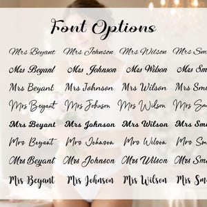 K&ouml;nnte beinhalten: Eine Tabelle mit dem Titel Font Options, die acht verschiedene schwarze Schreibschriften zeigt. Jede Zeile ist mit F1 bis F8 beschriftet und enth&auml;lt die Namen Mrs Beyant, Mrs Johnson, Mrs Wilson und Mrs Smith im jeweiligen Schriftstil.