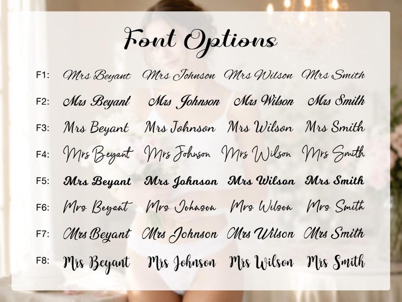 K&ouml;nnte beinhalten: Eine Tabelle mit dem Titel Font Options, die acht verschiedene schwarze Schreibschriften zeigt. Jede Zeile ist mit F1 bis F8 beschriftet und enth&auml;lt die Namen Mrs Beyant, Mrs Johnson, Mrs Wilson und Mrs Smith im jeweiligen Schriftstil.