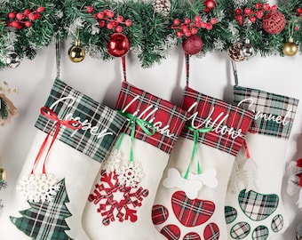 Personalized Plaid Christmas Stocking, Embroidered Paw Print