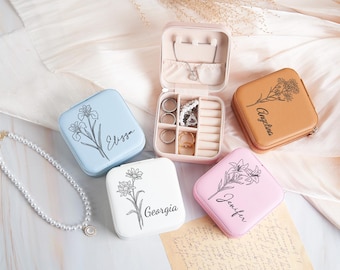 Joyero de cuero personalizado con flor de nacimiento, regalo para dama de honor