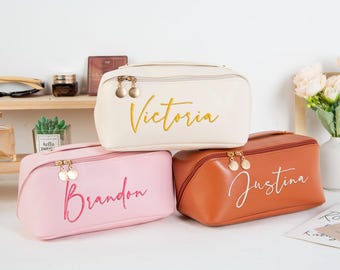 Custom Leather Cosmetic Bag, Personalized Makeup Organizer, Bridesmaid Gift