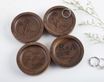 Personalized Wooden Ring Dish, Engraved Round Tray, Engagement Gift