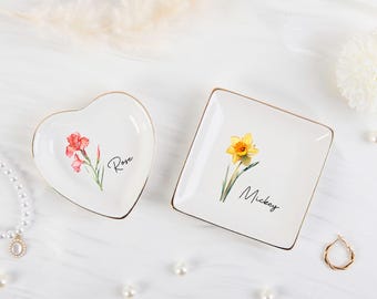 Personalized birthday flower tray, flower ring tray, birthday jewelry tray,Custom Trinket Dish,Wedding bridesmaid gifts, engagement gifts