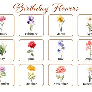 K&ouml;nnte beinhalten: Ein dekorativer Druck mit Aquarellillustrationen von Blumen, die jeweils einen Monat des Jahres darstellen. Der Text "Birthday Flowers" steht oben. Jede Blume ist mit dem entsprechenden Monat von Januar bis Dezember beschriftet.