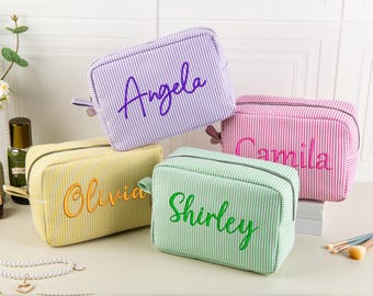 Personalized Embroidered Seersucker Cosmetic Bag, Bridesmaid Gift
