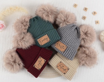 Personalized Pompom Beanie, Custom Name Leather Patch, Knit Winter Hat