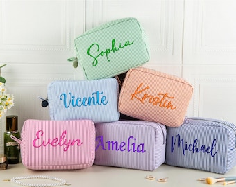 Personalized Seersucker Makeup Bag, Embroidered Custom Travel Cosmetic Bag