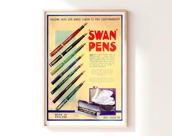 Vintage Swan Pens Poster: 1932 British Advert, Collectible Fountain Pens