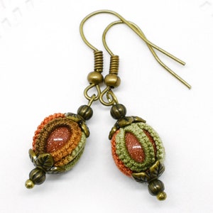 Goldstone Pumpkin Earrings: Autumn Lace Dangle, Seasonal Jewelry for Fall Thanksgiving Celebrations