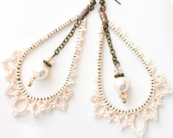 Teardrop wedding boho earring | Pearl lace earring | Boho bridal jewelry | Cream Beach Wedding, Prom | Cotton Lace Anniversary Gift for Her