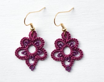 Dainty Burgundy Flower Earrings | Beaded Lace Jewelry | Berry Bridesmaid Earrings | Boho Lace Earrings | Cute Floral Earrings