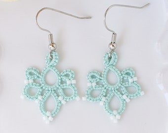 Lace white beaded mint green earrings