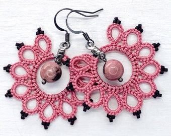 Black Beaded Blush Pink Lace Rhodonite Earrings, Wedding Anniversary Gift for Wife from Husband, Unique 13 Years Together Gift for Her