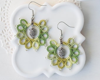 Silver Owl Earrings with Green Lace, Gifts for Owl Lovers, Bird Jewelry, Gifts for Nature Lovers, Beaded Earrings for Outdoor Enthusiasts