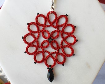 Red pendant necklace with black crystal teardrop | Red statement necklace | Beaded pendant necklace | Handmade lace jewelry by RoseAlida