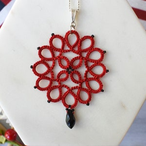 Red pendant necklace with black crystal teardrop | Red statement necklace | Beaded pendant necklace | Handmade lace jewelry by RoseAlida