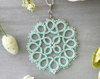 Beaded Mint Green Pendant Necklace | handmade lace, lightweight, silver 18" necklace, mint green jewelry