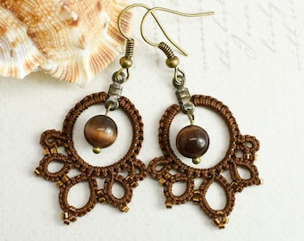 Tiger's Eye Brown Lace Earrings | Chocolate Brown Dark Mocha Brown Boho Everyday Simple Earrings Brown Dangles