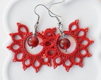 Red statement earrings Red lace earrings Red earrings Red wife gift jewelry Red best friend gift Red girlfriend gift Red beaded earrings