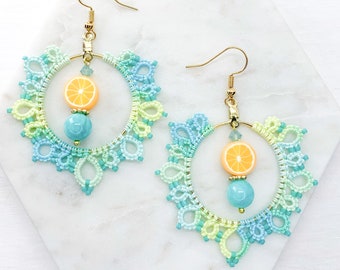 Lemon Slice Earrings, Citrus Fruit Statement Jewelry, Colorful Fun Beach Birthday Gifts, Gifts for Teenage Girls, Aqua Blue Yellow Lace