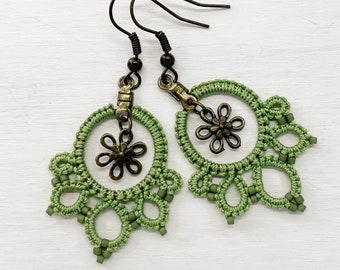 Lace Flower Olive Green Dangle Earrings for Spring, Floral Earring Gifts for Daughter, Teacher Appreciation, Gift for Wife, Best Friend Gift