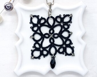 Romantic Square Victorian Black Lace Statement Pendant Necklace | Anniversary Gifts for Wife, Steampunk Goth Jewelry Gifts for Girlfriend