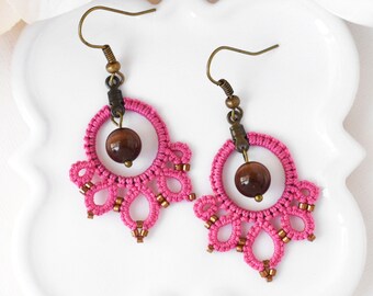 Tiger's Eye Hot Pink Earrings, Viva Magenta Fuchsia Azalea 80s Boho Beaded Lace Statement Earrings Hot Pink Dangles Gifts for Teenage Girls