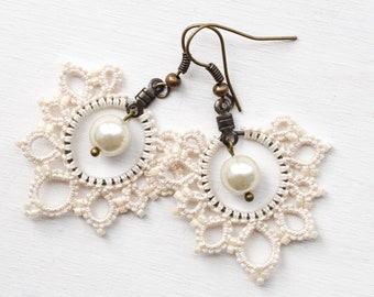 Champagne Lace Earrings Boho Bridal Earrings Pearl Bride to Be Cotton 2nd Wedding Anniversary Gift for Wife Lace 13th Anniversary Gift, Prom
